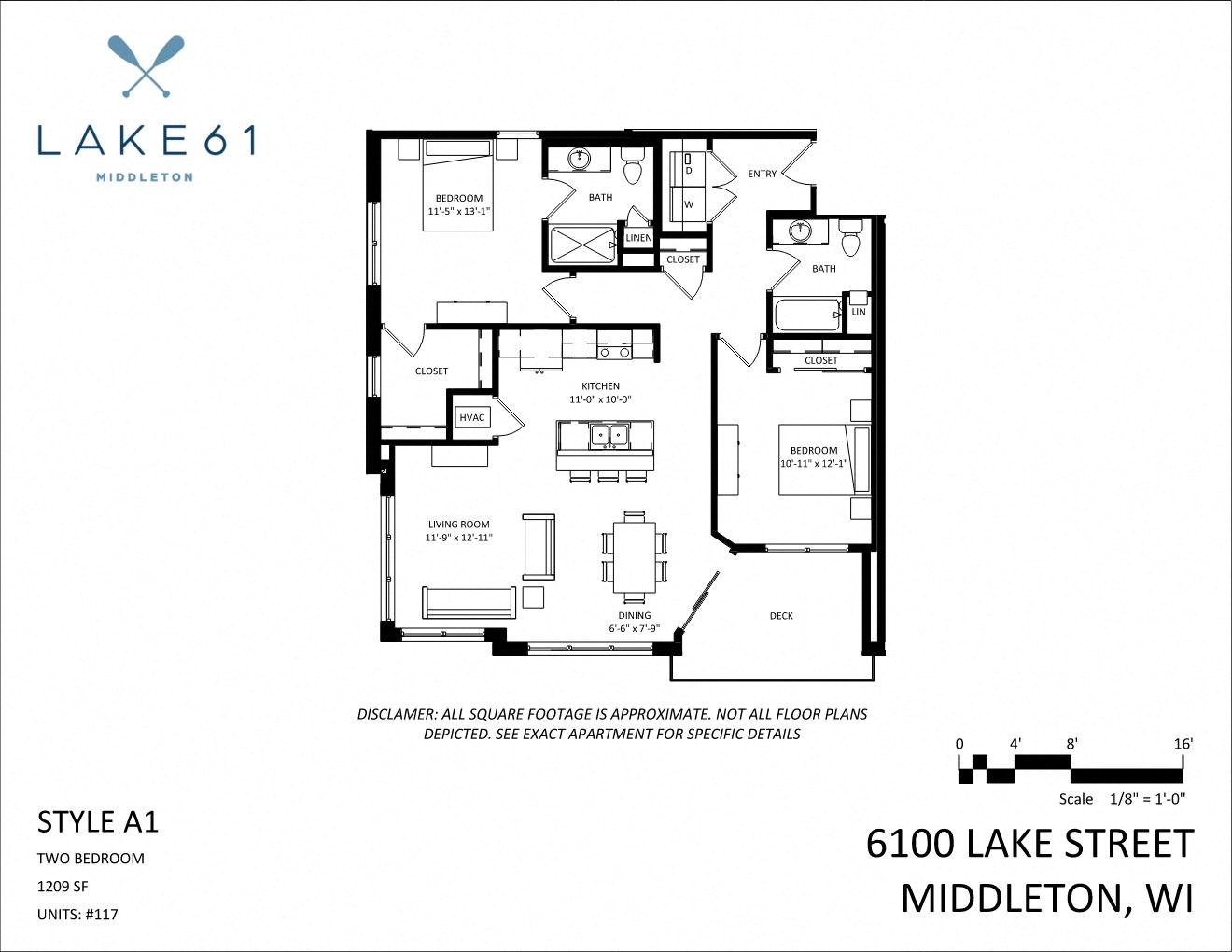 Floor plan for 2 beds, 2 baths, 1209 sqft